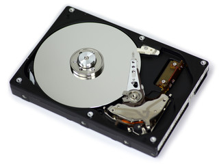 Harddisk drive (HDD) with top cover open isolated on white.