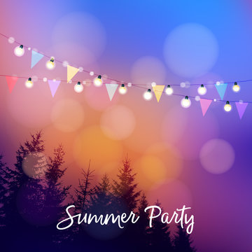 Birthday outdoor summer party or Brazilian june party, Festa junina, invitation. Vector illustration with string of lights, party flags, silhouettes of trees and sunset background.