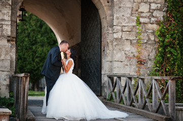 Stunning young wedding couple kissing on the street of the old town with great architecture.