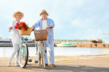 Happy senior couple with their bicycles near river