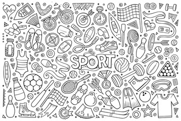 Doodle cartoon set of Sport objects and symbols