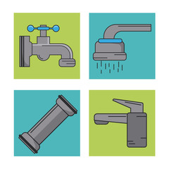 white background with frames of water faucets and pipeline vector illustration