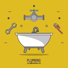 yellow background poster plumbing services with bathtub and plumbing icons on top