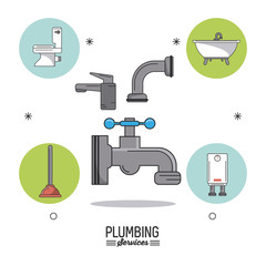 white background poster plumbing services with color faucets and plumbing bathroom icons around