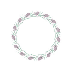 Vector botanical illustration with a wreath made of stylized leaves and clover flowers.