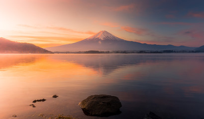 Mt.Fuji at Lake Kawaguchiko japan. autumn season in japan. Maple japan and mount fuji on blue sky.