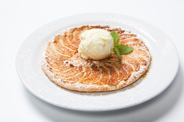 apple tart, flat apple pie with ice cream on the white background