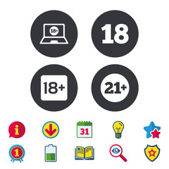 Adult content icons. Eighteen and twenty-one plus years sign symbols. Notebook website notice. Calendar, Information and Download signs. Stars, Award and Book icons. Light bulb, Shield and Search