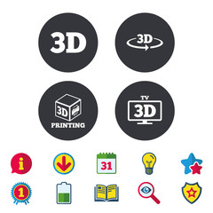 3d technology icons. Printer, rotation arrow sign symbols. Print cube. Calendar, Information and Download signs. Stars, Award and Book icons. Light bulb, Shield and Search. Vector