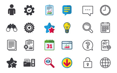 Accounting workflow icons. Human silhouette, cogwheel gear and documents folders signs symbols. Chat, Report and Calendar signs. Stars, Statistics and Download icons. Question, Clock and Globe. Vector