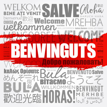 Benvinguts (Welcome in Catalan) word cloud in different languages, conceptual background