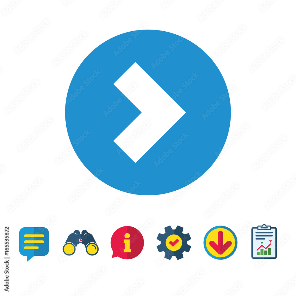 Poster arrow sign icon. next button. navigation symbol. information, report and speech bubble signs. binocu