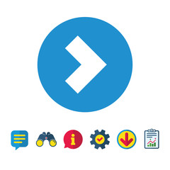 Arrow sign icon. Next button. Navigation symbol. Information, Report and Speech bubble signs. Binoculars, Service and Download icons. Vector