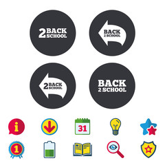 Back to school icons. Studies after the holidays signs symbols. Calendar, Information and Download signs. Stars, Award and Book icons. Light bulb, Shield and Search. Vector