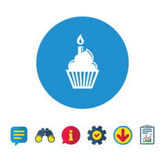 Birthday cake sign icon. Cupcake with burning candle symbol. Information, Report and Speech bubble signs. Binoculars, Service and Download icons. Vector