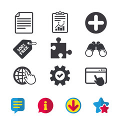 Plus add circle and puzzle piece icons. Document file and globe with hand pointer sign symbols. Browser window, Report and Service signs. Binoculars, Information and Download icons. Stars and Chat