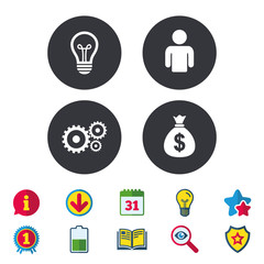 Business icons. Human silhouette and lamp bulb idea signs. Dollar money bag and gear symbols. Calendar, Information and Download signs. Stars, Award and Book icons. Light bulb, Shield and Search