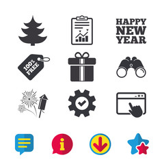 Happy new year icon. Christmas tree and gift box signs. Fireworks rocket symbol. Browser window, Report and Service signs. Binoculars, Information and Download icons. Stars and Chat. Vector