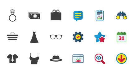 Accessories, clothes icons. Shirt with tie, glasses signs. Dress and engagement ring symbols. Calendar, Report and Download signs. Stars, Service and Search icons. Statistics, Binoculars and Chat