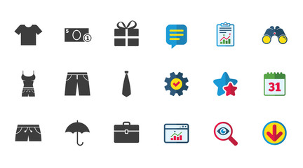 Clothing, accessories icons. T-shirt, business case signs. Umbrella and gift box symbols. Calendar, Report and Download signs. Stars, Service and Search icons. Statistics, Binoculars and Chat. Vector
