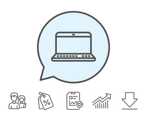 Laptop computer icon. Notebook sign. Portable personal computer symbol. Report, Sale Coupons and Chart line signs. Download, Group icons. Editable stroke. Vector