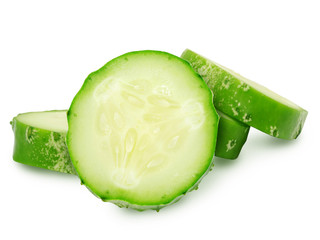 Fresh green ripe slices of cucumber isolated on white background. Design element for product label, catalog print, web use.