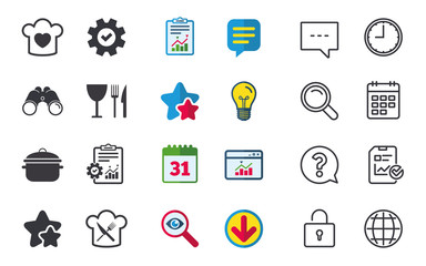 Chief hat with heart and cooking pan icons. Crosswise fork and knife signs. Boil or stew food symbol. Chat, Report and Calendar signs. Stars, Statistics and Download icons. Question, Clock and Globe