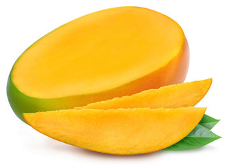 Juicy fresh mango with two slices and leaves isolated on a white background. Ripe tropical fruit with antioxidant effect.