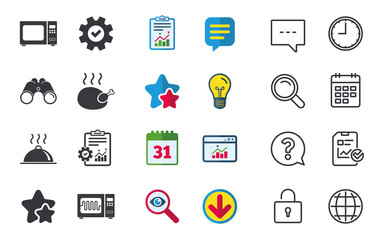 Microwave grill oven icons. Cooking chicken signs. Food platter serving symbol. Chat, Report and Calendar signs. Stars, Statistics and Download icons. Question, Clock and Globe. Vector