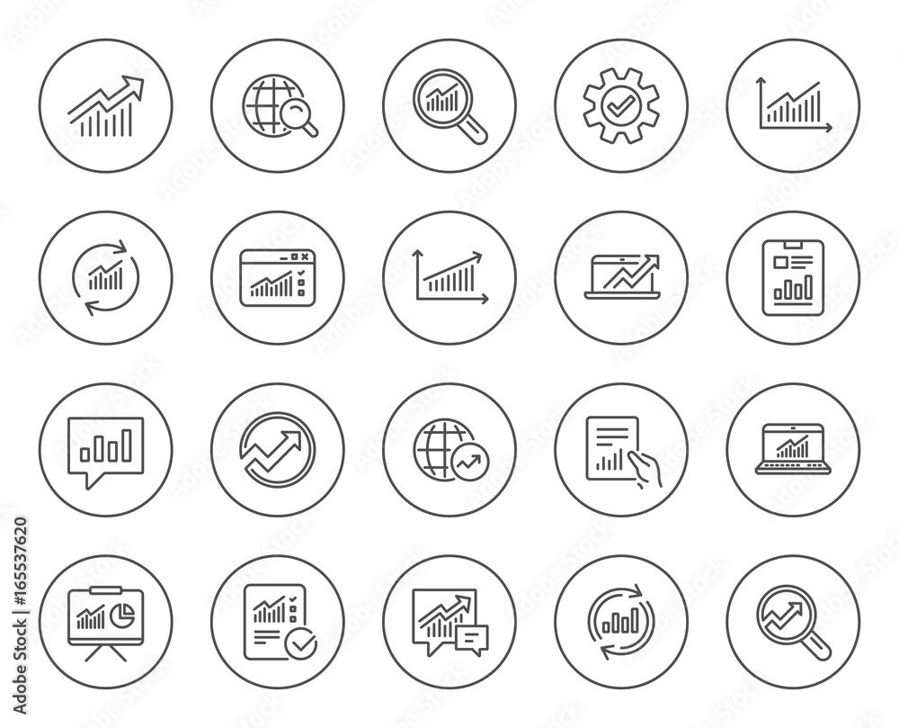 Poster analysis, statistics line icons. set of charts, reports and graphs signs. data, presentation and com