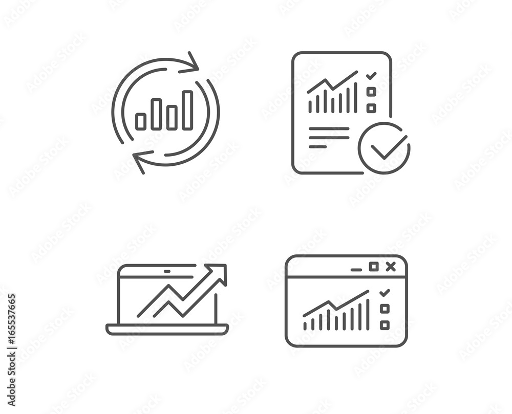 Aufkleber analysis line icons. chart, report and global statistics signs. browser window data and presentation