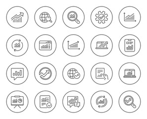 Analysis, Statistics line icons. Set of Charts, Reports and Graphs signs. Data, Presentation and Communication speech bubbles. Global Statistics, hold Document and Checklist. Vector