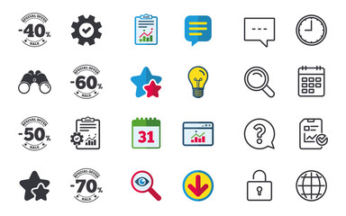 Sale discount icons. Special offer stamp price signs. 40, 50, 60 and 70 percent off reduction symbols. Chat, Report and Calendar signs. Stars, Statistics and Download icons. Question, Clock and Globe
