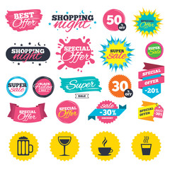 Obraz premium Sale shopping banners. Drinks icons. Coffee cup and glass of beer symbols. Wine glass sign. Web badges, splash and stickers. Best offer. Vector