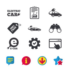 Electric car icons. Sedan and Hatchback transport symbols. Eco fuel vehicles signs. Browser window, Report and Service signs. Binoculars, Information and Download icons. Stars and Chat. Vector