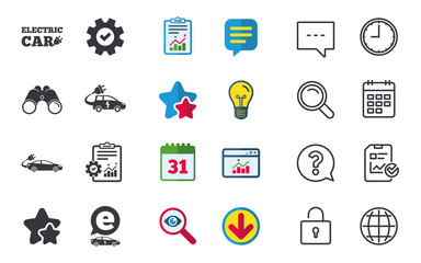 Electric car icons. Sedan and Hatchback transport symbols. Eco fuel vehicles signs. Chat, Report and Calendar signs. Stars, Statistics and Download icons. Question, Clock and Globe. Vector