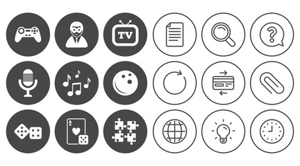 Entertainment icons. Game, bowling and puzzle signs. Casino, carnival and musical note symbols. Document, Globe and Clock line signs. Lamp, Magnifier and Paper clip icons. Vector