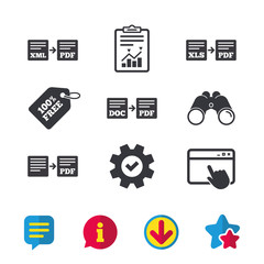 Export file icons. Convert DOC to PDF, XML to PDF symbols. XLS to PDF with arrow sign. Browser window, Report and Service signs. Binoculars, Information and Download icons. Stars and Chat. Vector