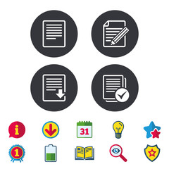 File document icons. Download file symbol. Edit content with pencil sign. Select file with checkbox. Calendar, Information and Download signs. Stars, Award and Book icons. Vector