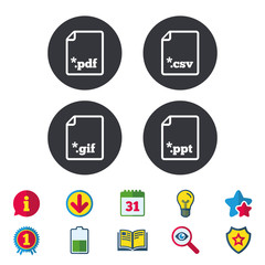 Download document icons. File extensions symbols. PDF, GIF, CSV and PPT presentation signs. Calendar, Information and Download signs. Stars, Award and Book icons. Light bulb, Shield and Search. Vector