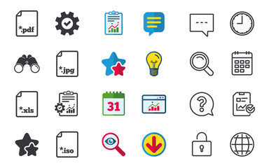 Download document icons. File extensions symbols. PDF, XLS, JPG and ISO virtual drive signs. Chat, Report and Calendar signs. Stars, Statistics and Download icons. Question, Clock and Globe. Vector