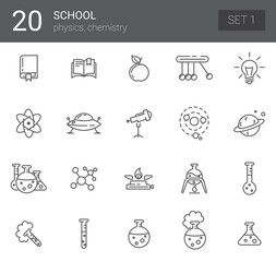 Simple Set of Online Education Related Vector Line Icons. The icons represent physics and chemistry. Set 1
