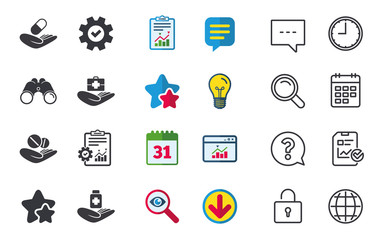 Helping hands icons. Medical health insurance symbols. Drugs pills bottle signs. Medicine tablets. Chat, Report and Calendar signs. Stars, Statistics and Download icons. Question, Clock and Globe