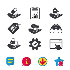 Helping hands icons. Medical health insurance symbols. Drugs pills bottle signs. Medicine tablets. Browser window, Report and Service signs. Binoculars, Information and Download icons. Stars and Chat
