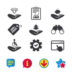 Helping hands icons. Protection and insurance symbols. Financial money savings, save forest. Diamond brilliant sign. Disabled human. Browser window, Report and Service signs. Vector