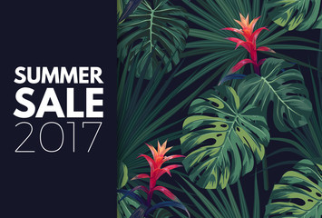 Obraz premium Green tropical sale design with palm leaves and exotic flowers. Vector floral template.