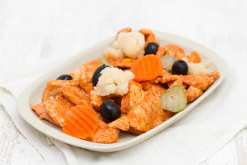 fried meat with pickles on dish