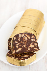 dessert chocolate salami on white dish