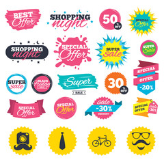 Sale shopping banners. Hipster photo camera. Mustache with beard icon. Glasses and tie symbols. Bicycle family vehicle sign. Web badges, splash and stickers. Best offer. Vector