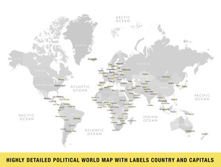 Highly detailed political world map with capitals
